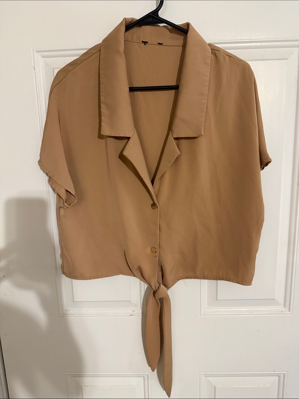 Tie-Front Short Sleeve Blouse - Camel